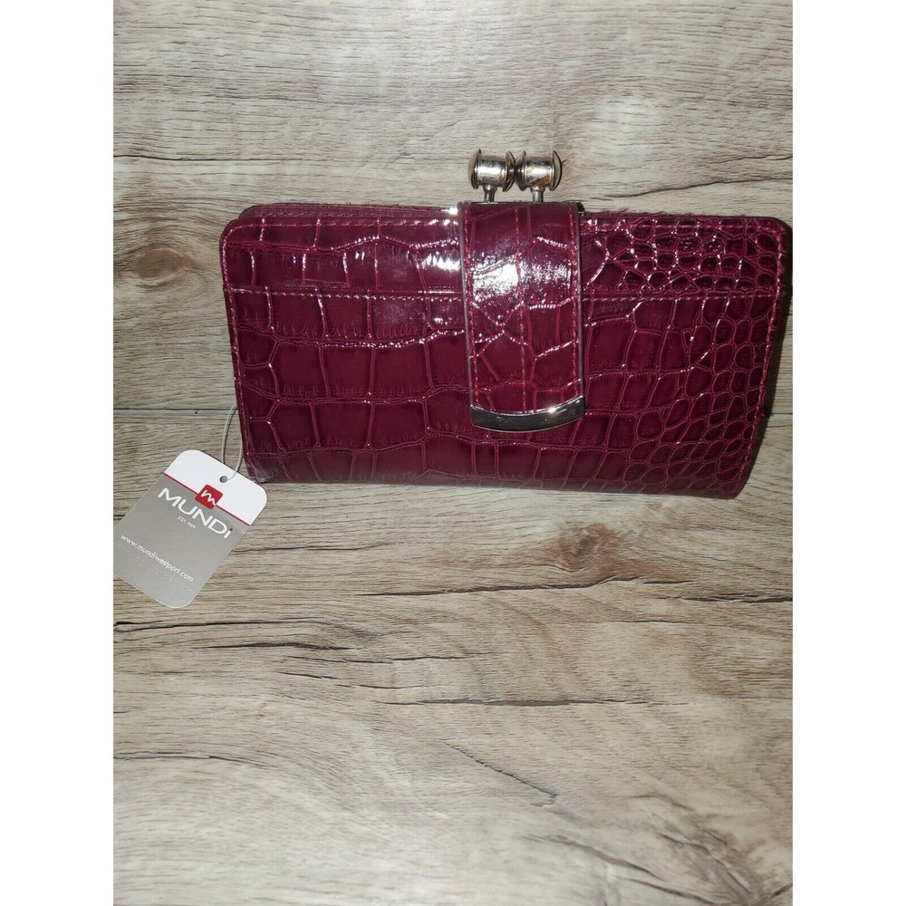 Nwt Mundi Faux Crocodile Skin Clutch Wallet Maroon Color Multiple Compartments